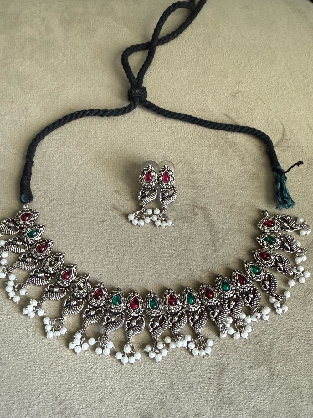 Traditional Silver-Tone Necklace Set with Red & Green Stones